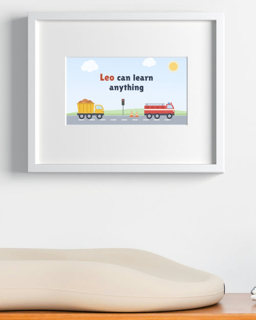 Quoteplume Kids 15.6 inch frame on a nursery wall showing "Leo can learn anything"